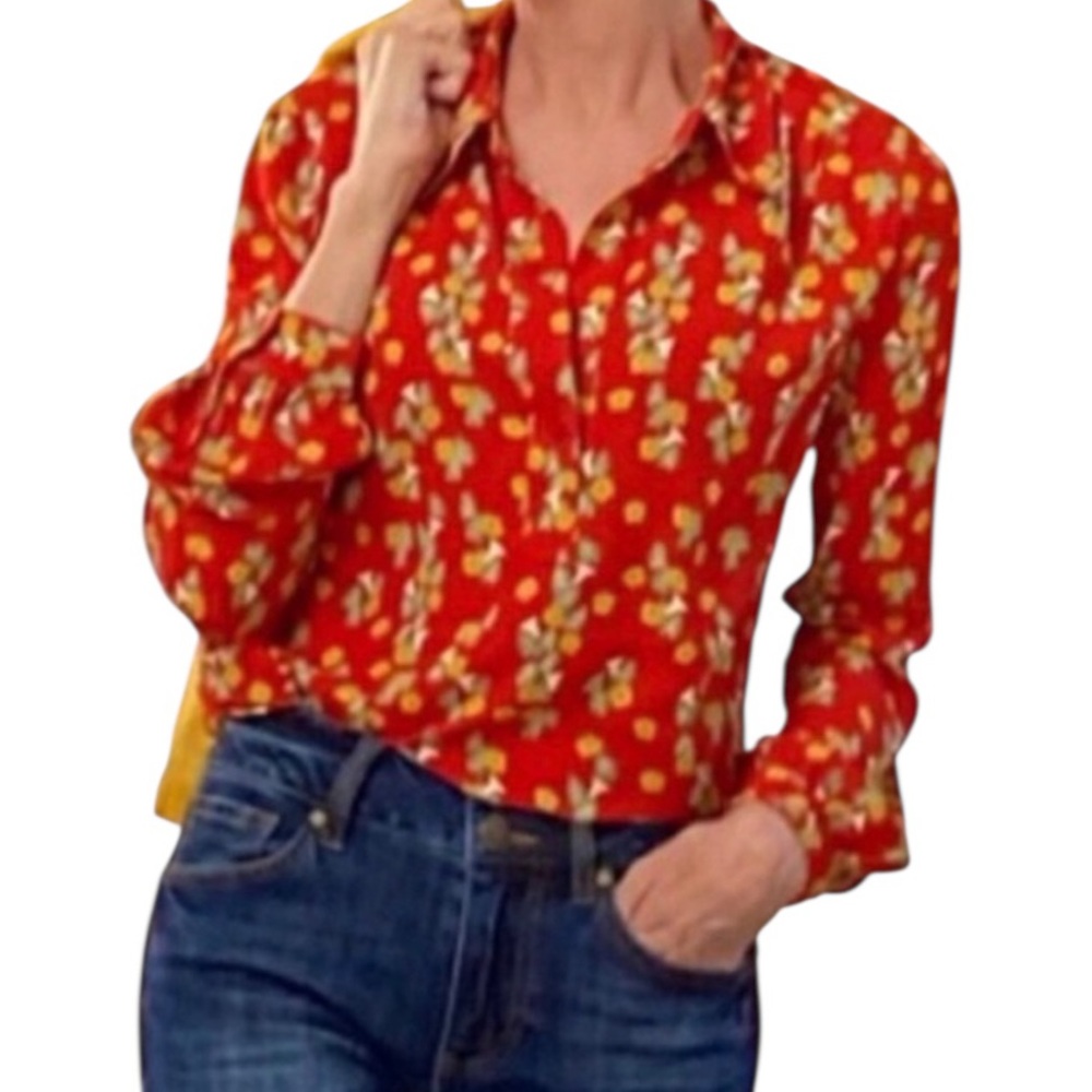 CAbi Red Floral "Belfry" Popover Blouse #3947 S